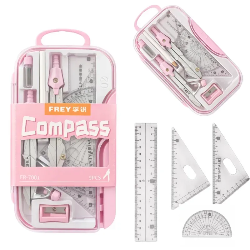 Zestaw geometryczny 9 elementów do szkoły cyrkiel linijka ekierka etui-5907451387832