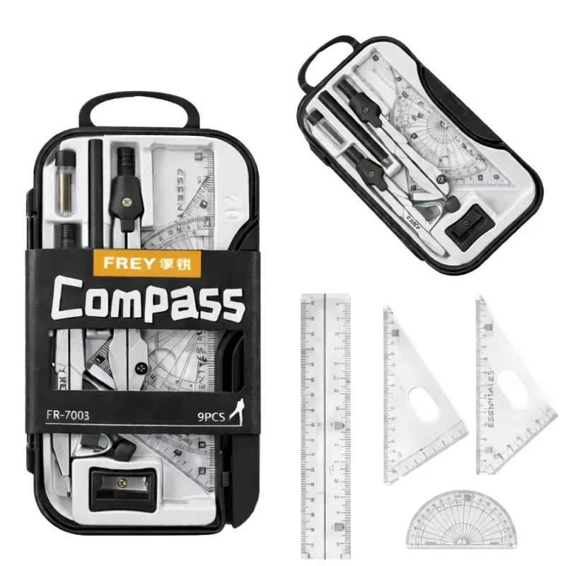 Zestaw geometryczny 9 elem. do szkoły cyrkiel linijka ekierka w etui-5907451387856