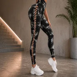 Legginsy damskie S/M push up marmurkowe wysoki stan modelujące fitness-5907451384381