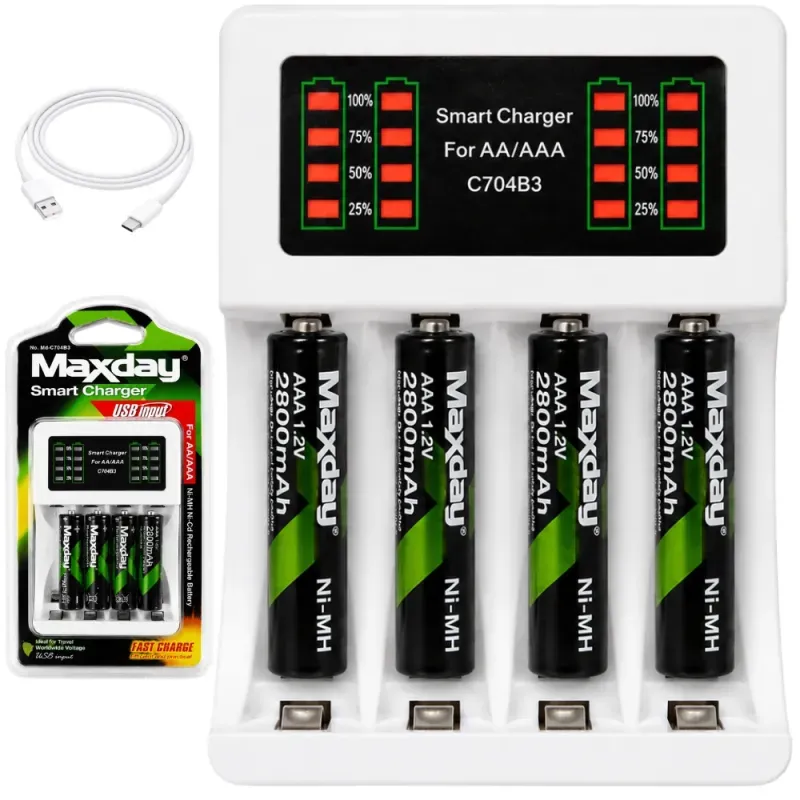 Ładowarka do akumulatorków aa aaa led + 4 akumulatorki aaa kabel usb-c-5907451391242