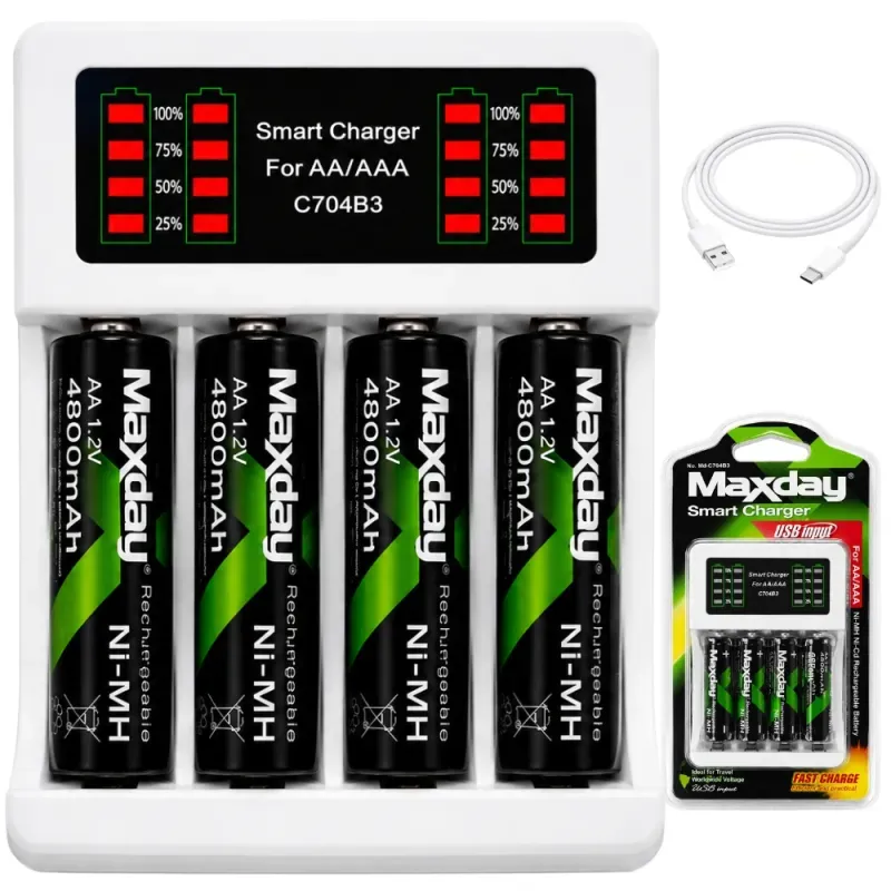 Ładowarka do akumulatorków aa aaa led + 4 akumulatorki aa kabel usb-c-5907451391235