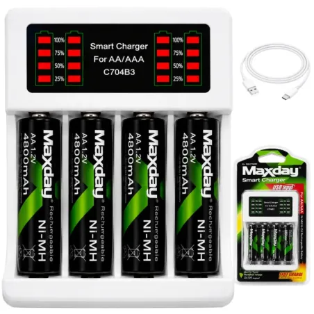 Ładowarka do akumulatorków aa aaa led + 4 akumulatorki aa kabel usb-c-5907451391235