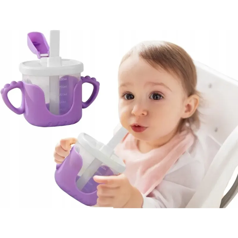 Kubek niekapek dla dziecka do picia silikonowe uchwyty 300ml ze słomką-5907451391730