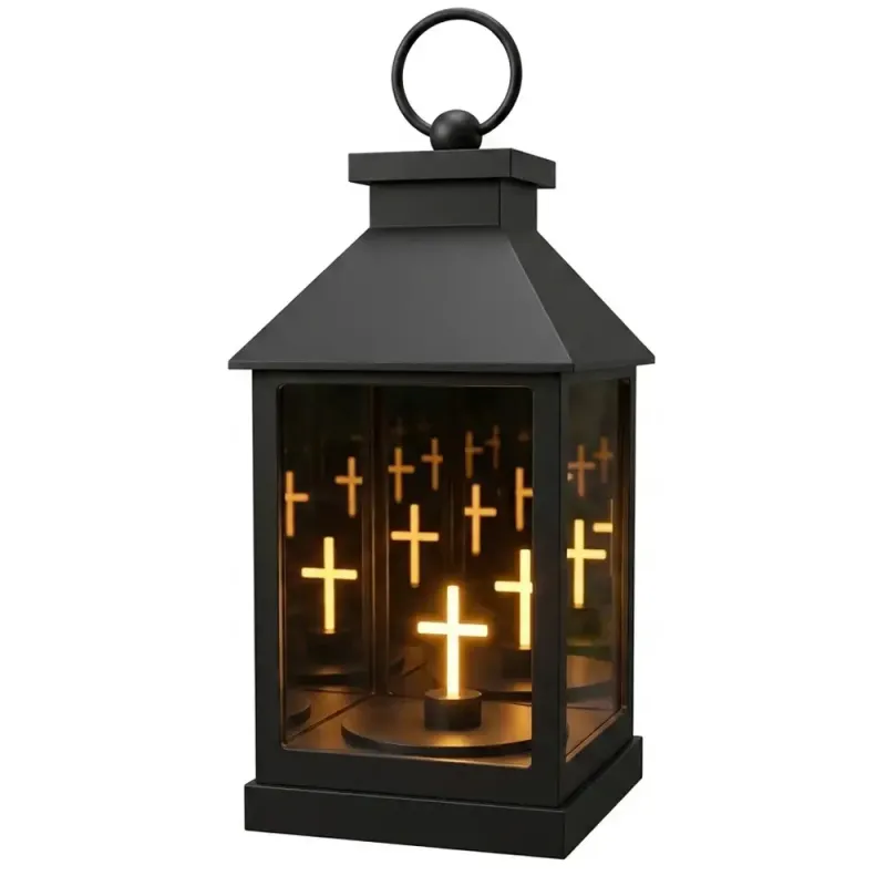 Znicz latarnia lampion LED 3D świecący krzyż czarna efekt lustra 20 cm-5900202671877