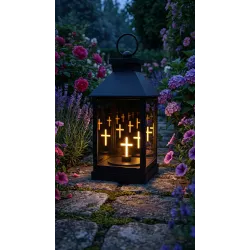Znicz latarnia lampion LED 3D świecący krzyż czarna efekt lustra 20 cm-5900202671877