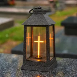 Znicz latarnia lampion LED 3D świecący krzyż czarna efekt lustra 20 cm-5900202671877