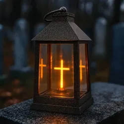Znicz latarnia lampion LED 3D świecący krzyż czarna efekt lustra 20 cm-5900202671877