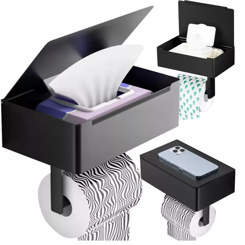 Uchwyt na papier toaletowy z pojemnikiem na chusteczki półką czarny loft wc-5907451353127