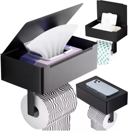 Uchwyt na papier toaletowy z pojemnikiem na chusteczki półką czarny loft wc-5907451353127