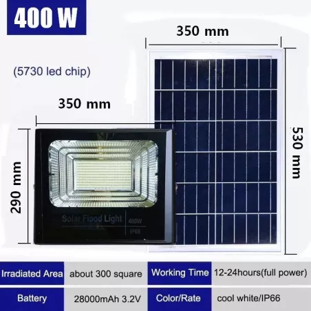 Zestaw solarny halogen LED 400W IP68, czujnik ruchu, panel i pilot-