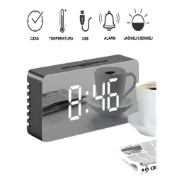 Zegar budzik termometr lustro led alarm data 4w1 baterie lub 5V/USB