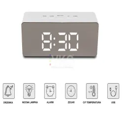 Zegar budzik termometr lustro led alarm data 4w1 baterie lub 5V/USB
