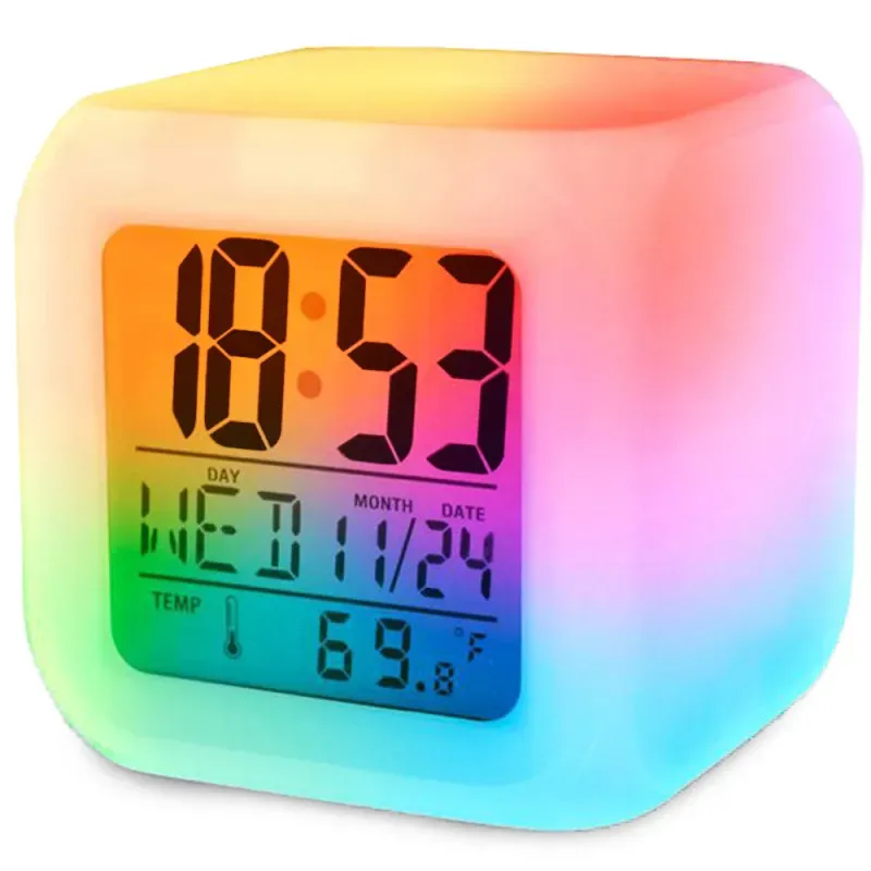 Budzik zegar z termometrem kameleon płynnie zmienia kolory RGB Budzik zegar z termometrem kameleon płynnie zmienia kolory RGB