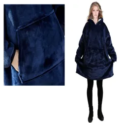 Ciepła bluza xxl 2w1 granatowa koc oversize gruba futrzak na chłód-5907451338926
