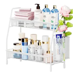 Półka kuchenna biały organizer dwupoziomowy stojący loft z koszyczkiem-5907451371336