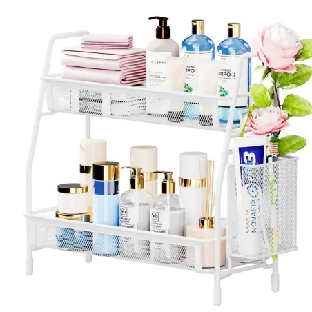 Półka kuchenna biały organizer dwupoziomowy stojący loft z koszyczkiem-5907451371336