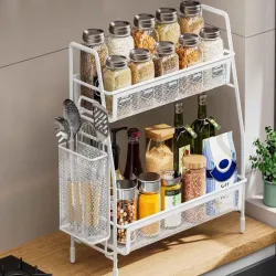 Półka kuchenna biały organizer dwupoziomowy stojący loft z koszyczkiem-5907451371336