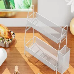Półka kuchenna biały organizer dwupoziomowy stojący loft z koszyczkiem-5907451371336