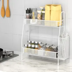 Półka kuchenna biały organizer dwupoziomowy stojący loft z koszyczkiem-5907451371336