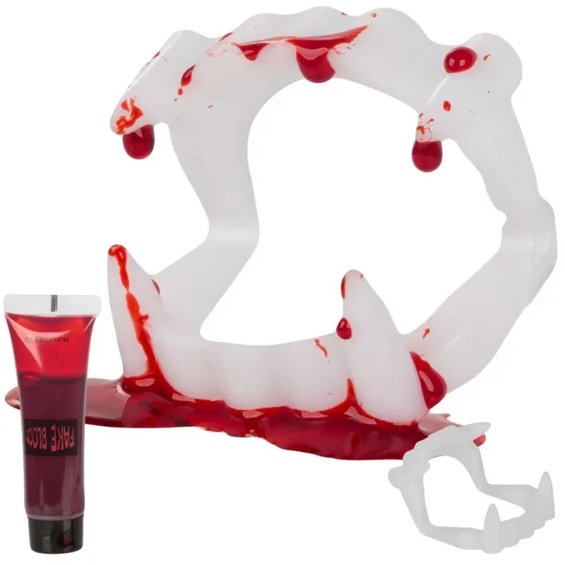 Zestaw sztuczne zęby+ krew halloween kły wampira draculi krew w tubce-5907451362686