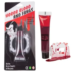 Zestaw sztuczne zęby+ krew halloween kły wampira draculi krew w tubce-5907451362686