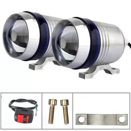 2 x Halogen motocyklowy srebrny U3 z niebieskim ringiem LED CREE-