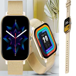 Smartwatch zegarek damski męski gumowy pasek sport BT rozmowy złoty-5907451378137