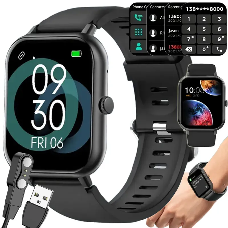 Smartwatch zegarek damski męski gumowy pasek sport BT rozmowy czarny-5907451378069