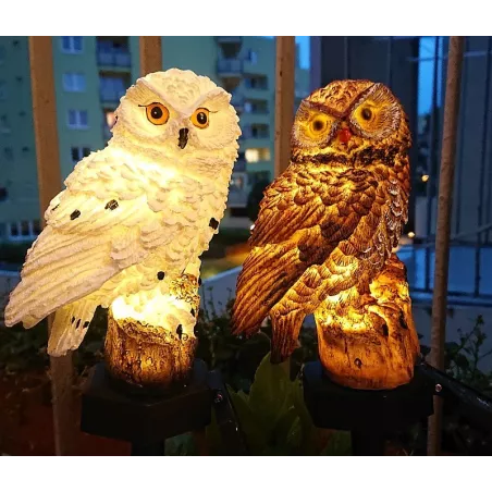 Świecąca sowa do ogrodu dekoracja lampa solarna 8cm biała lub brązowa-