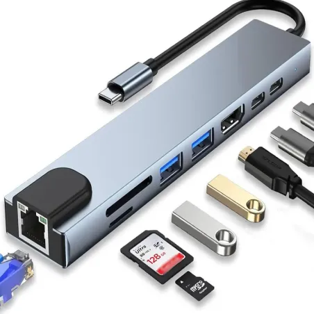 Hub adapter 8w1 przejściówka 2x usb-c thunderbolt 3 2xusb hdmi sd rj45-5907451369791