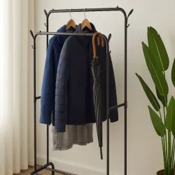 Wieszak stojący na ubrania z półkami na buty kurtki metalowa garderoba-5907451377062