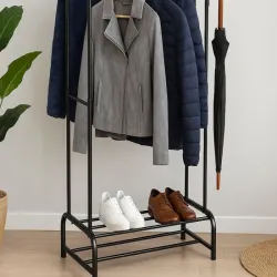 Wieszak stojący na ubrania z półkami na buty kurtki metalowa garderoba-5907451377062
