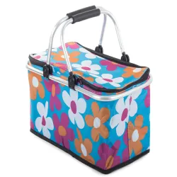 Kosz piknikowy niebieski w kwiaty składany turystyczny koszyk-5907451304860