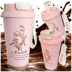 Kubek termiczny 530ml słomka z uchwytem stalowy różowy termos na napój-5907451381090