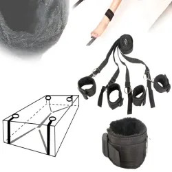 Kajdanki uprząż na łóżko BDSM zestaw dla par pasy regulowane czarne-5907451375419