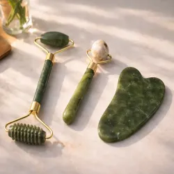 Masażer do twarzy z jadeitu 3w1 roller wałek płytka kamień gua sha-5907451383209