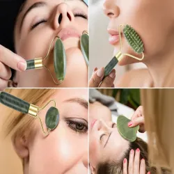 Masażer do twarzy z jadeitu 3w1 roller wałek płytka kamień gua sha-5907451383209