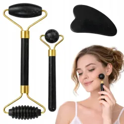 Masażer do twarzy z jadeitu 3w1 roller wałek płytka kamień gua sha-5907451383193